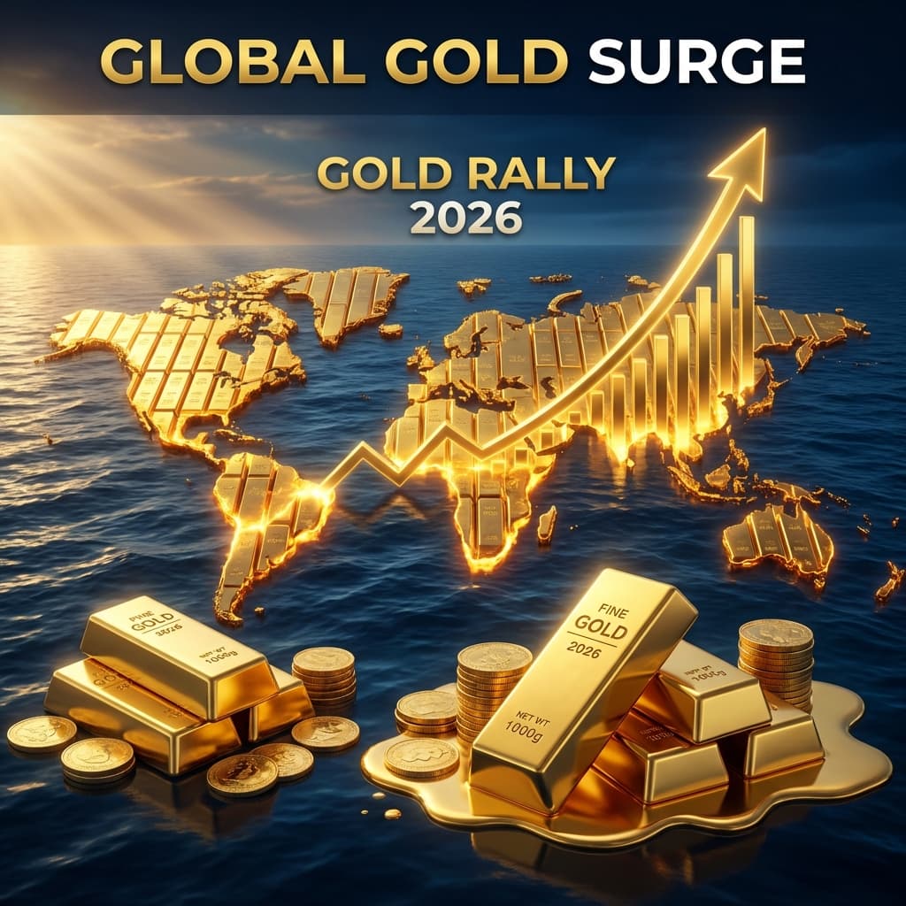 Global map with rising gold chart overlay symbolizing the 2026 rally